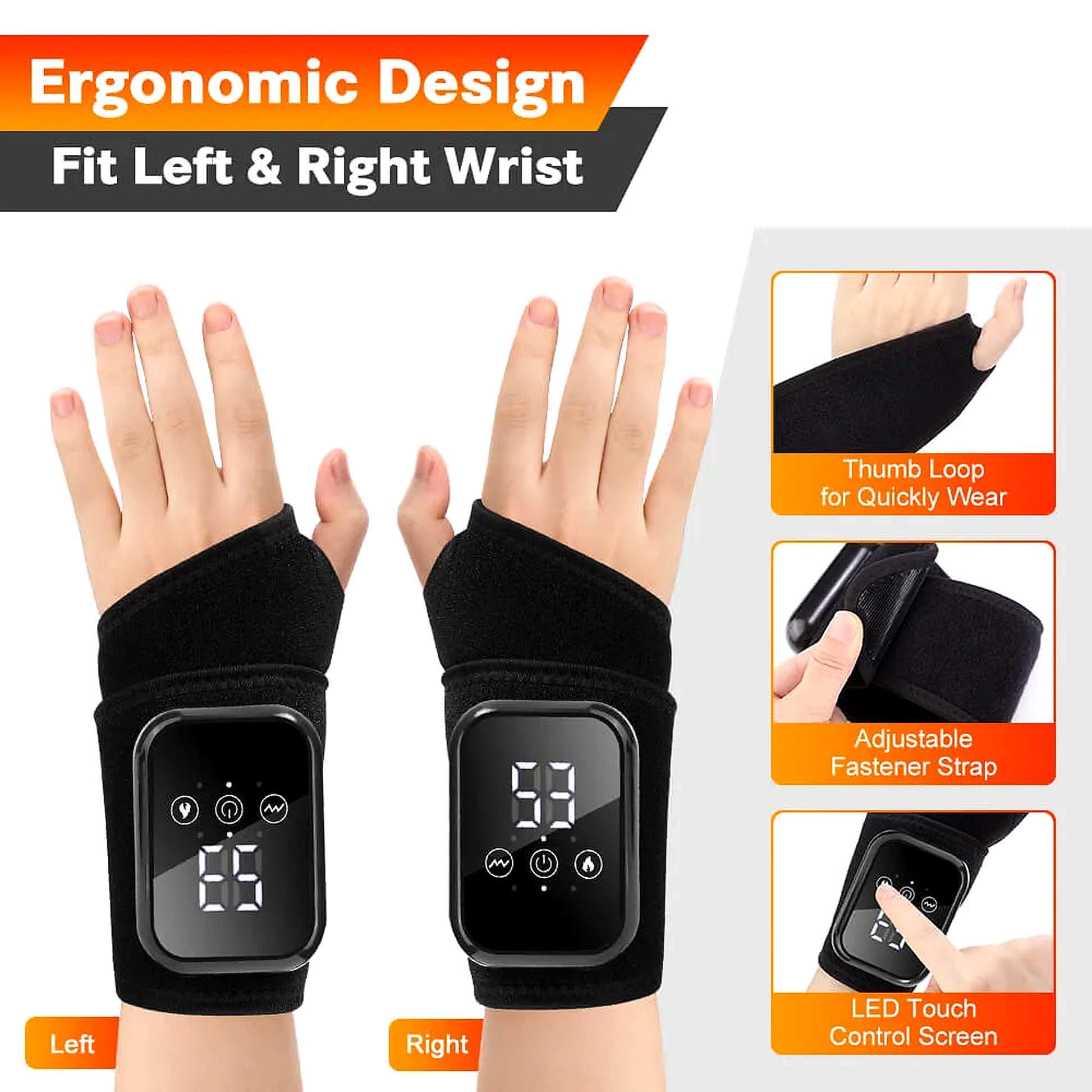 Kinerelief wrist massager showing left and right hand fit, thumb loop, adjustable strap, and LED controls