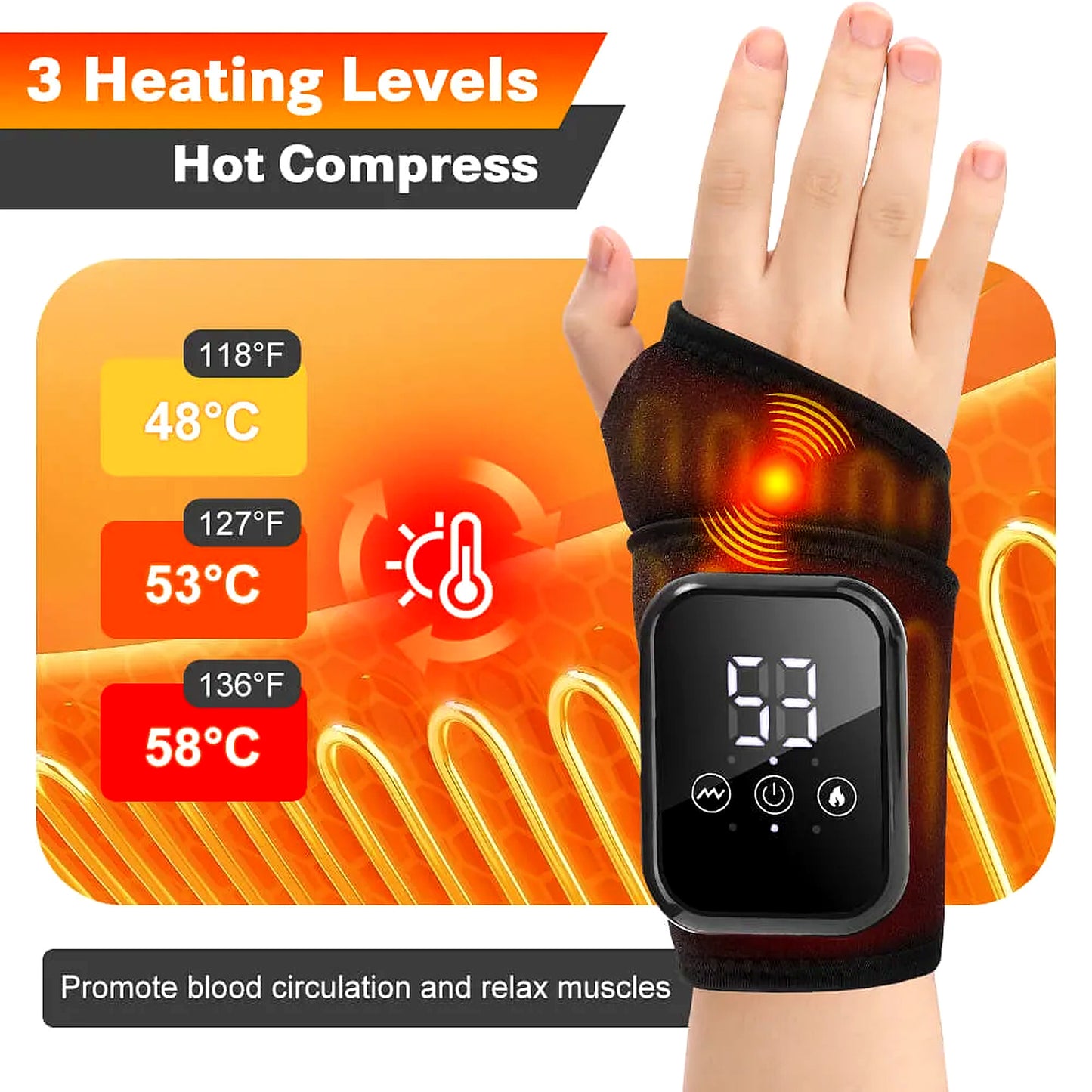 Kinerelief heated wrist wrap showing three temperature levels and hot compress feature
