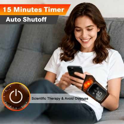 Kinerelief wrist massager worn while relaxing, highlighting 15 minute timer and auto shutoff