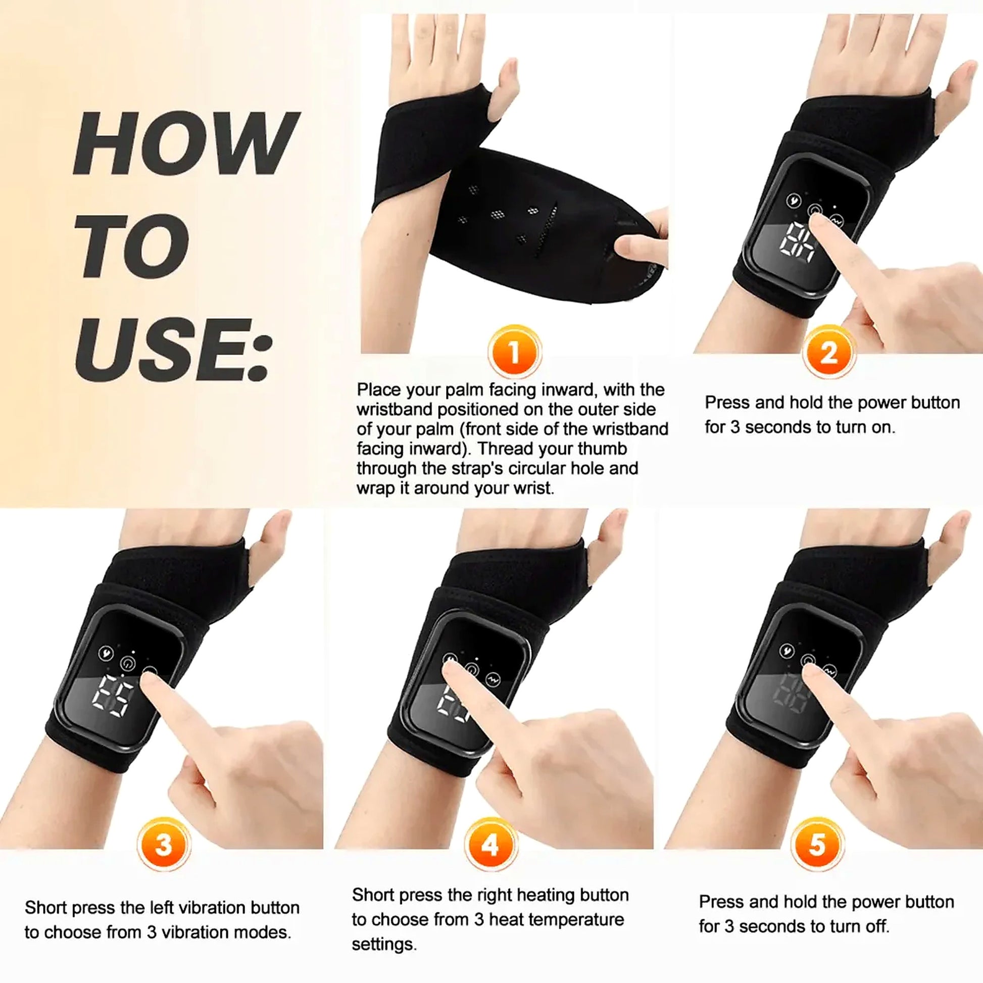 Step-by-step guide showing how to wear and operate the Kinerelief heated wrist massager