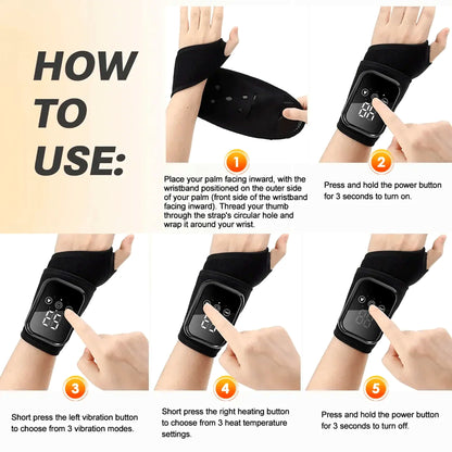 Step-by-step guide showing how to wear and operate the Kinerelief heated wrist massager